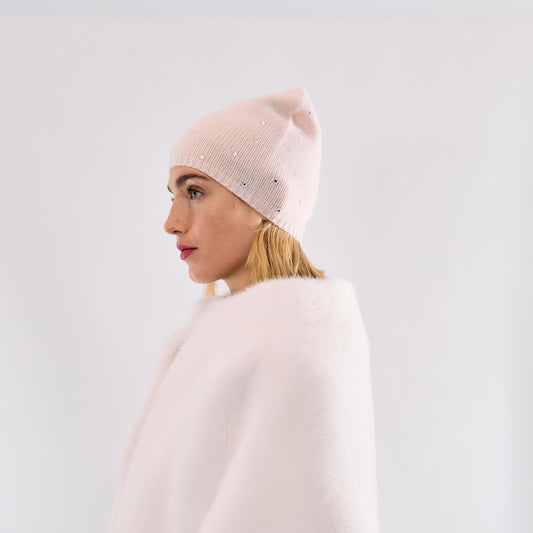 Cashmere Long Slouchy Beanie with Scattered Crystals- Pink