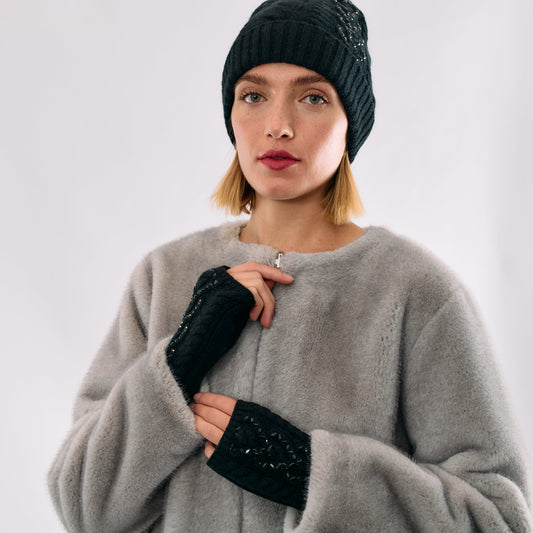 Cashmere Heart Cable Knit Short Fingerless gloves w Crystal Hearts