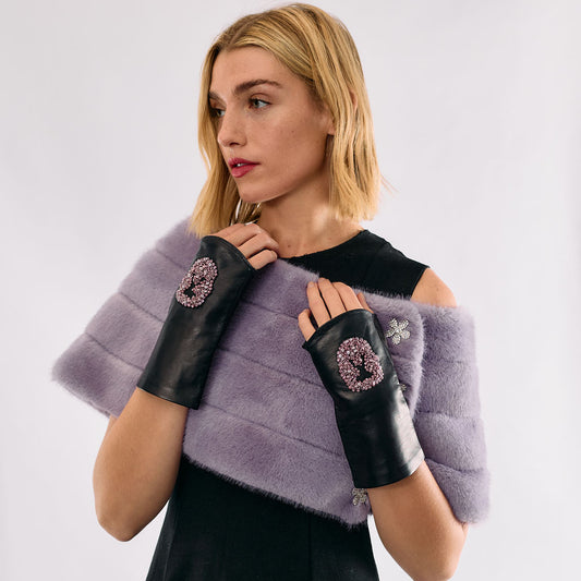 Leather Fingerless Gloves w. Crystal Skull - Black and Pink