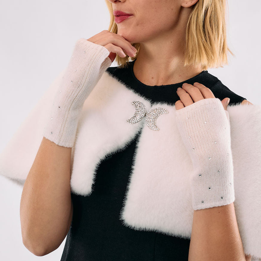 Cashmere Short Fingerless Gloves w. Scattered Crystals - Ivory