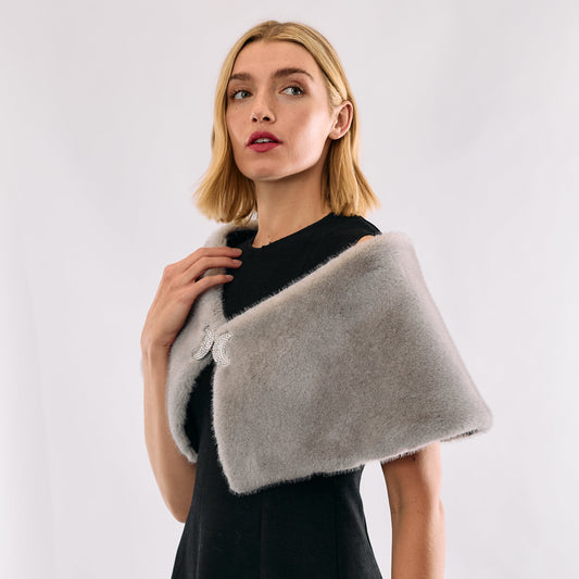 Faux Fur Off The Shoulder Shrug- Light Grey