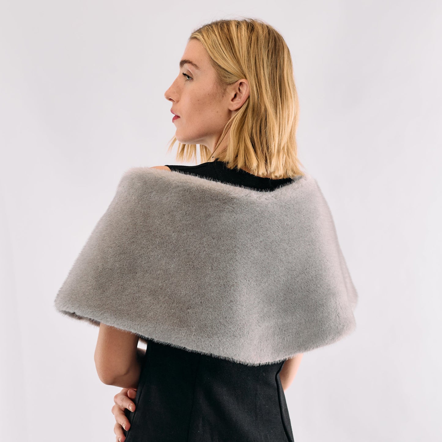 Faux Fur Off The Shoulder Shrug- Light Grey