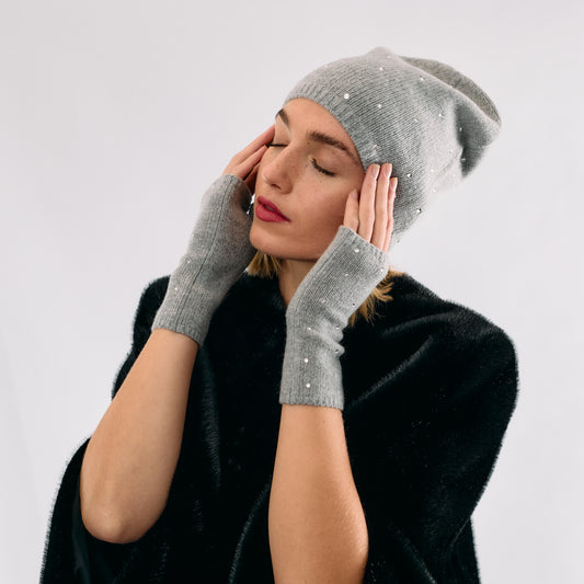 Cashmere Short Fingerless Gloves w. Scattered Crystals - Light Heather Grey