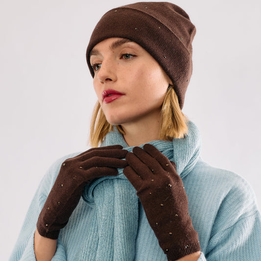 Cashmere Full Finger Gloves w. Scattered Monochromatic Crystals - Brown