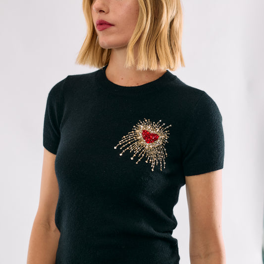 Cashmere Short Sleeve Sweater with Hand Embroidered Heart