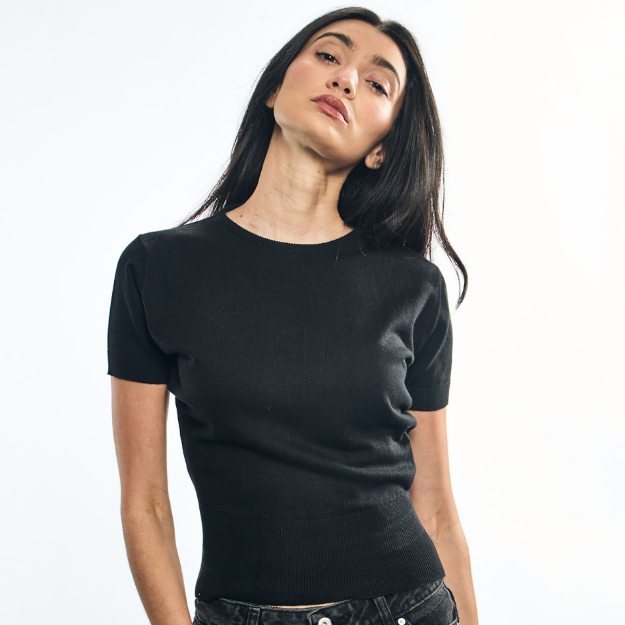 Cotton Cashmere Cinched Waist Sweater - Black
