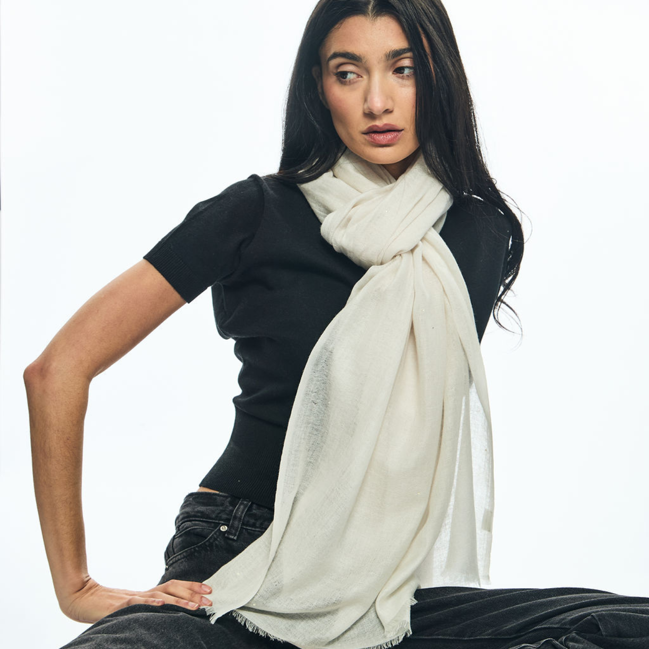 Cashmere Shawl with Micro scattered crystals - Ivory