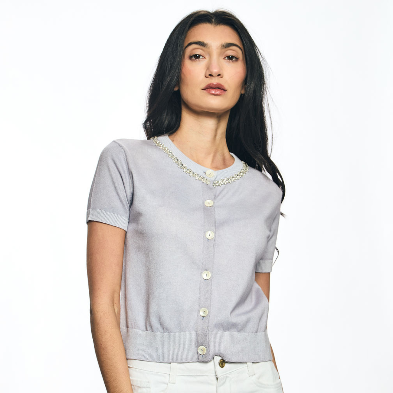 Cotton Cashmere Short Sleeve Cardigan with Embellished Neckline - Lavender