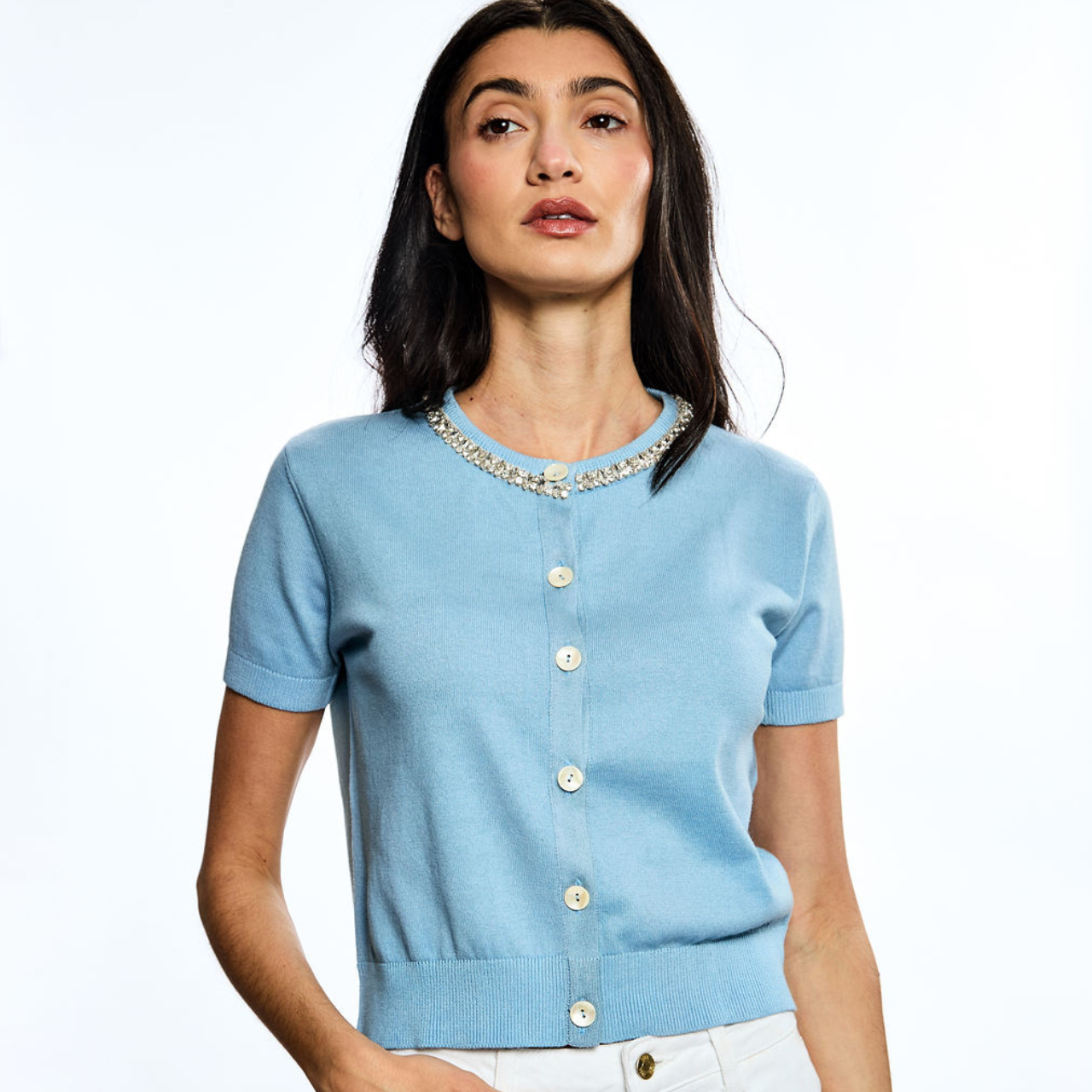 Cotton Cashmere Short Sleeve Cardigan with Embellished Neckline - Light Blue