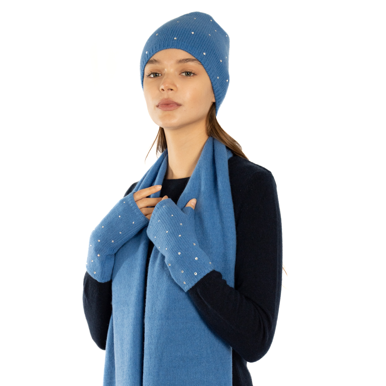 Cashmere Short Fingerless Gloves w. Swarovski Crystals - Cobalt Blue