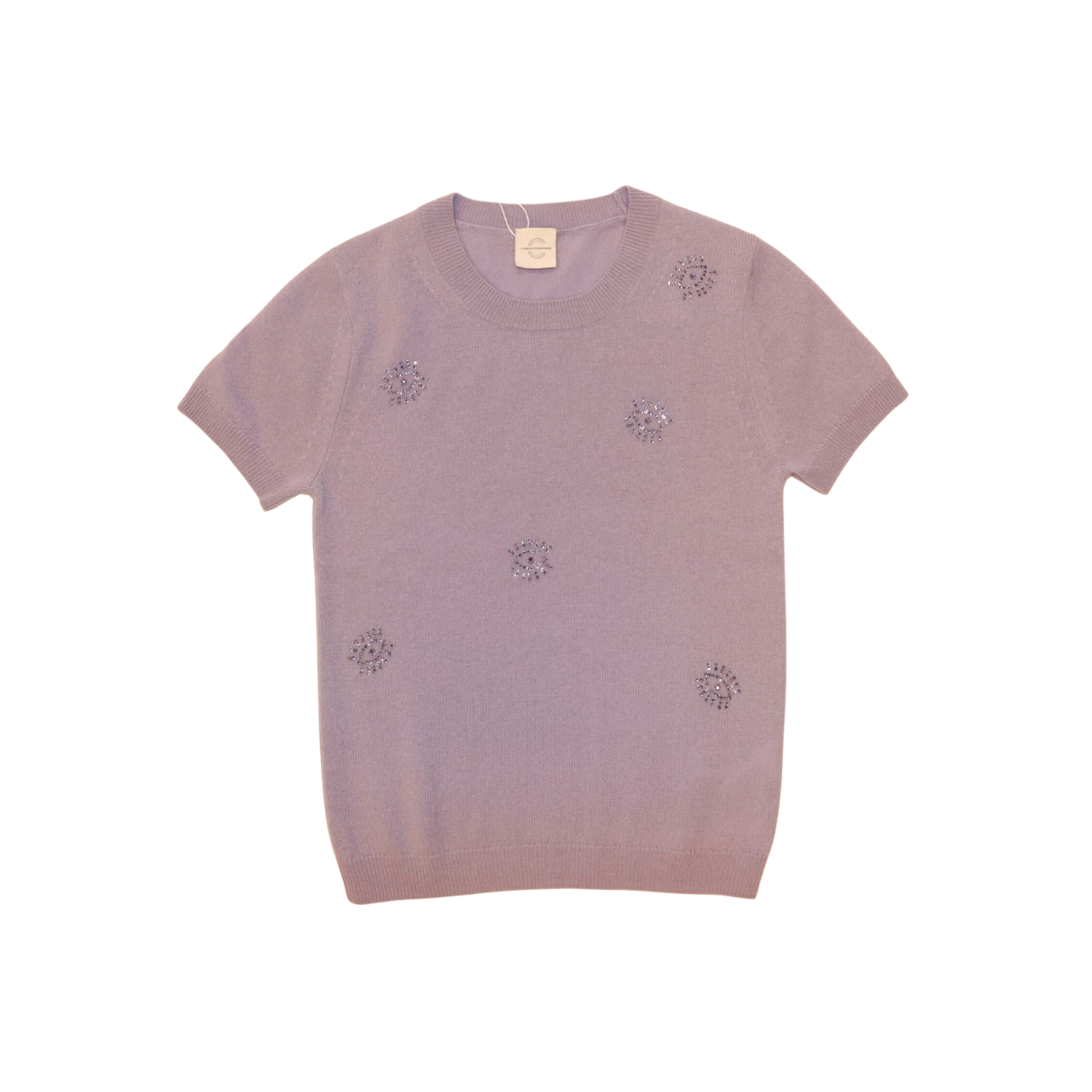 Cashmere Short Sleeve Sweater with Crystal Evil Eye Embellishment