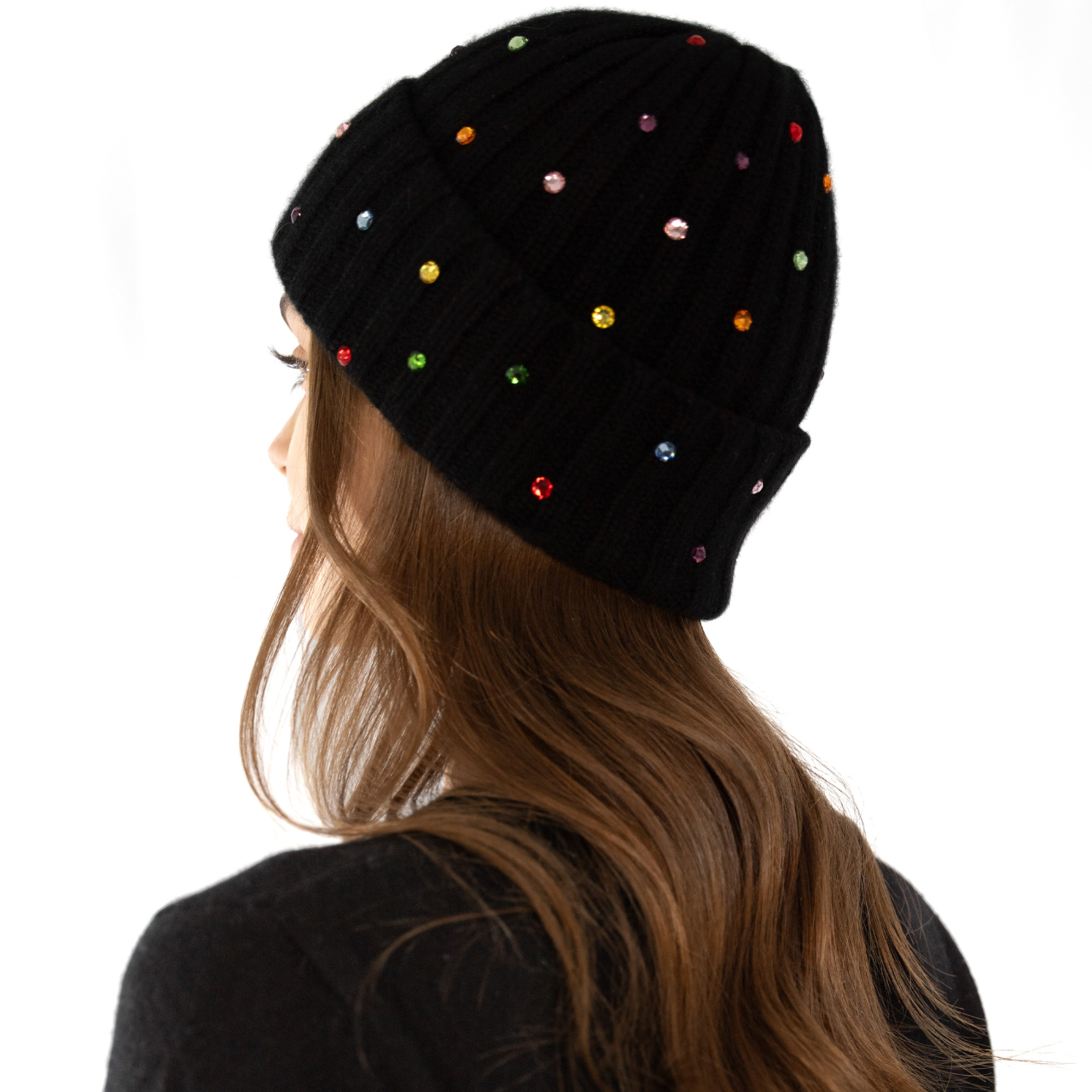Cashmere Ribbed Beanie w. Multicolor Crystals
