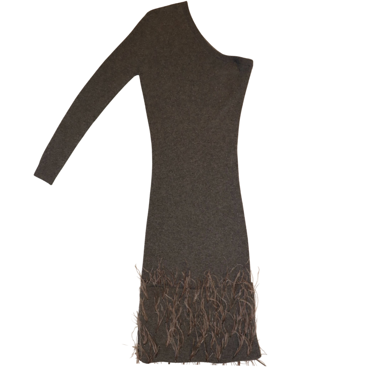 Long Cashmere Asymmetric Dress w. Ostrich Feathers