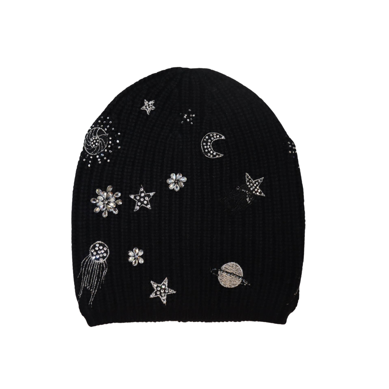 Merino Hat W Embroidered & Beaded Moon, Stars, and Flowers