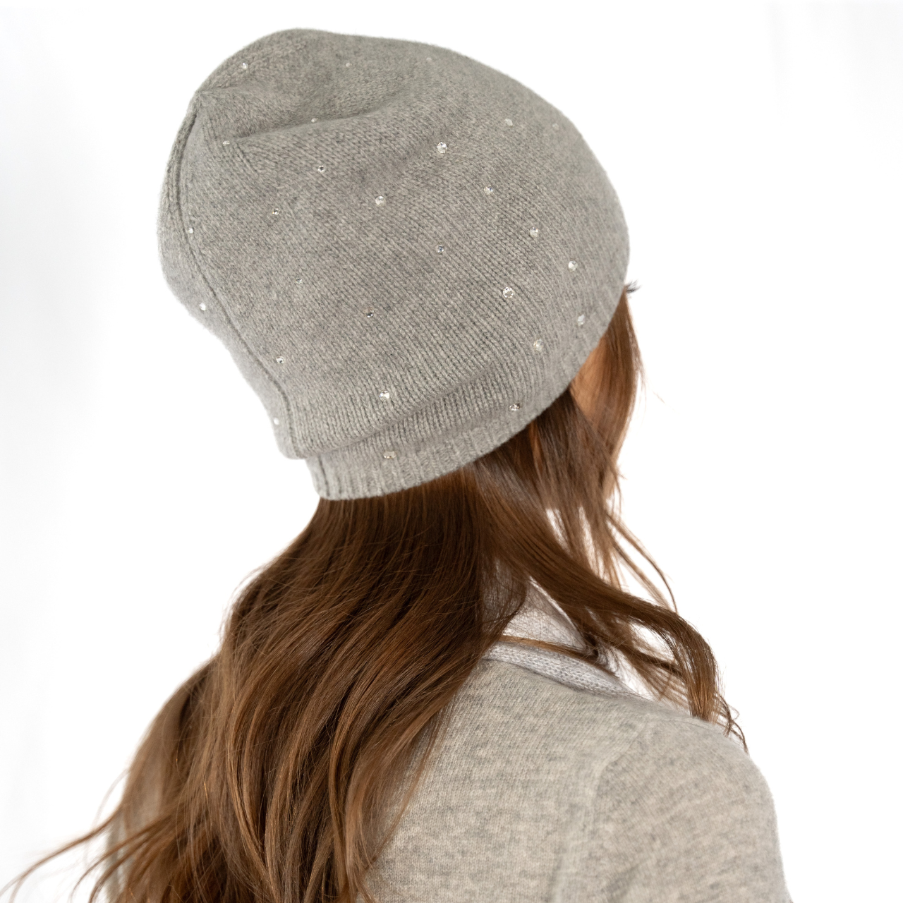 Cashmere Slouchy Beanie w. Scattered Swarovski Crystals - Light Heather Grey