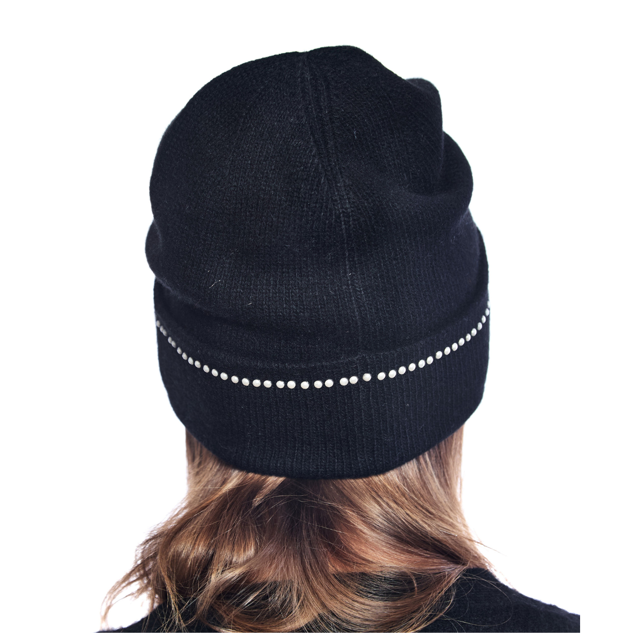 Cashmere Cuffed Beanie w. Pearl Embellishment - Black