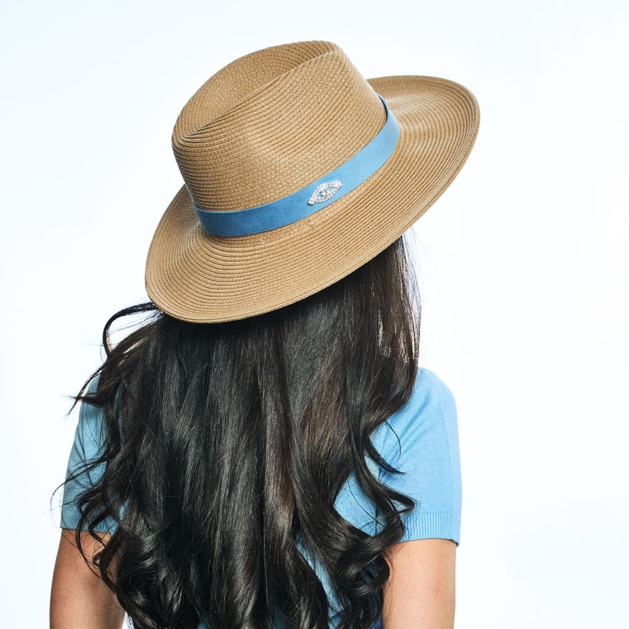 Summer Raffia Hat with Ribbon Band and Evil Eye Embellishment