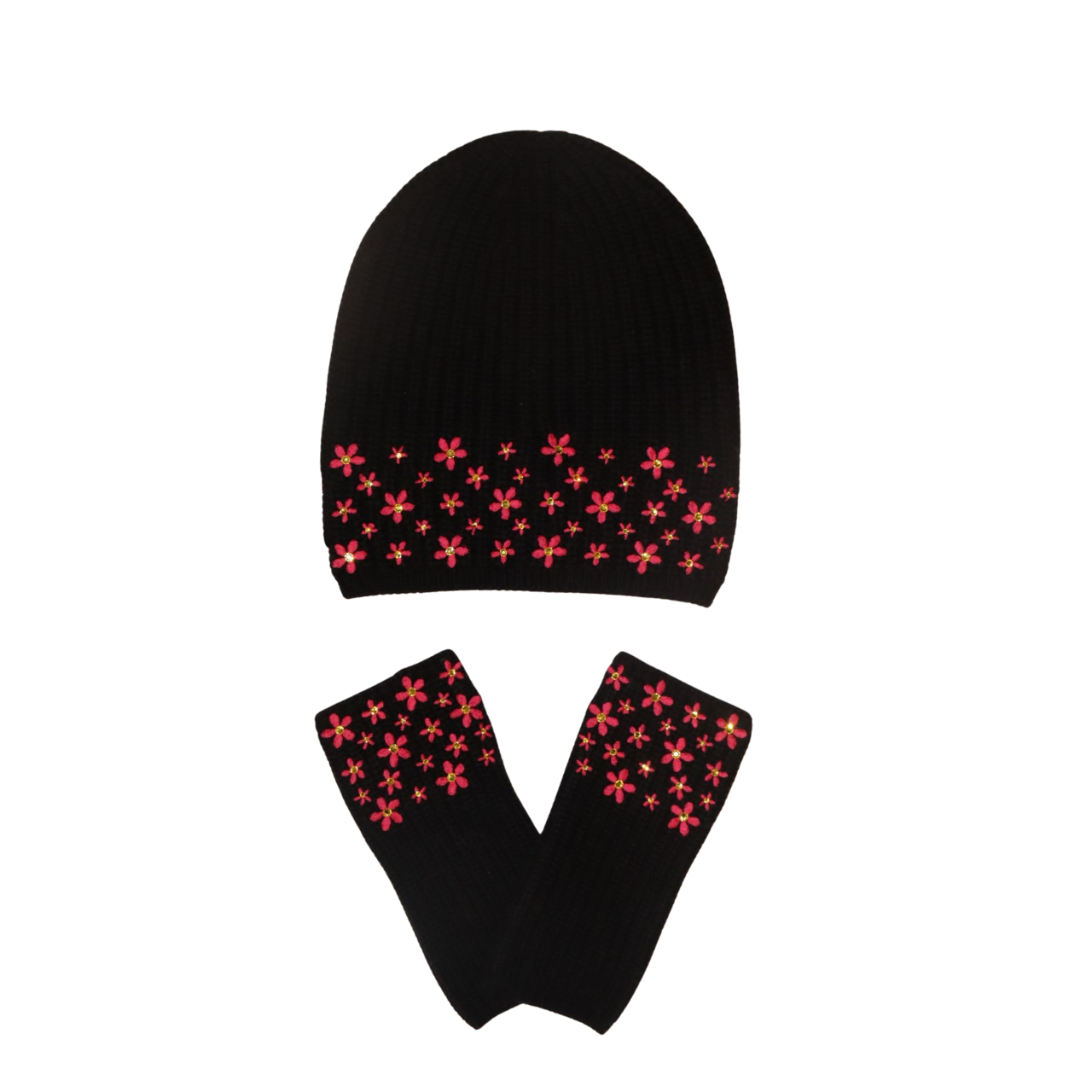 Ribbed Merino Hat and Fingerless Glove Set with Embroidered Flowers