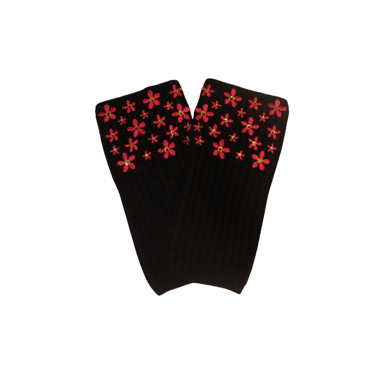 Ribbed Merino Hat and Fingerless Glove Set with Embroidered Flowers