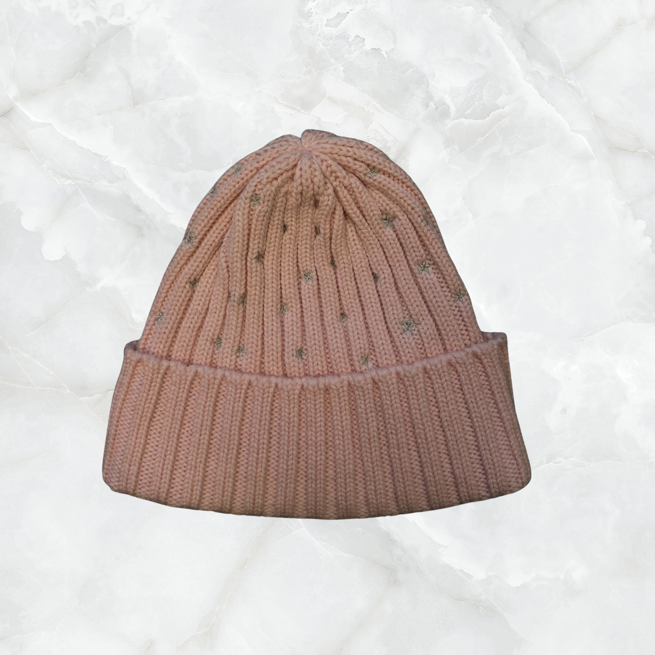 Ribbed Cuffed Merino Beanie with Scattered Stars