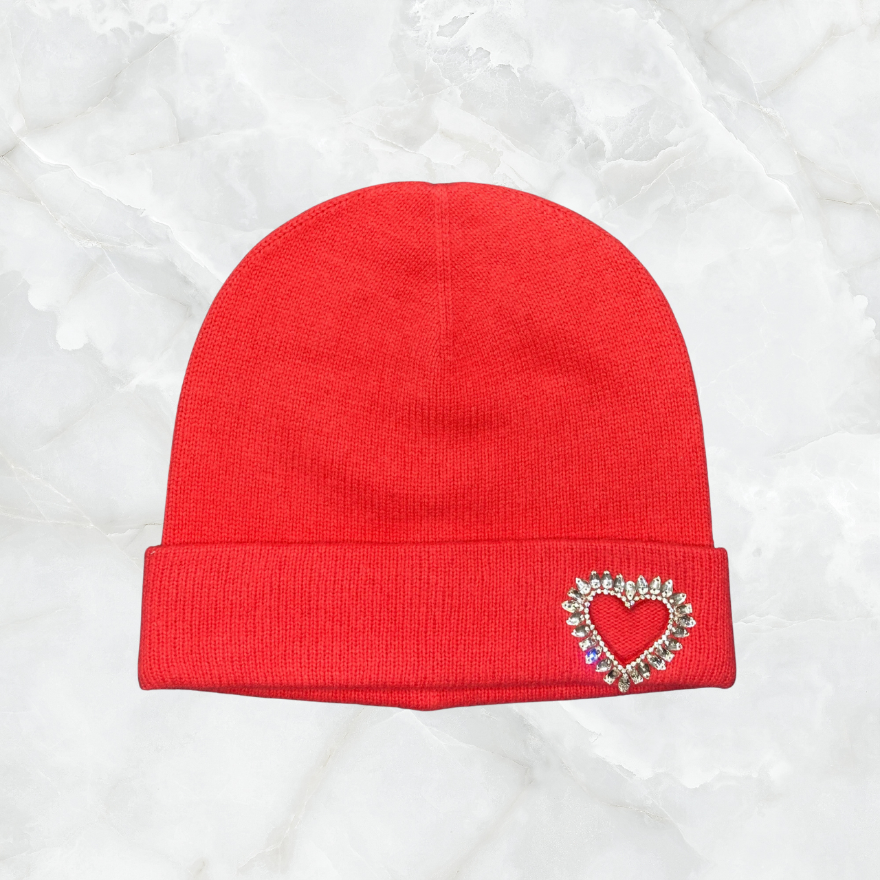 Cashmere Jersey Cuffed Beanie w. Heart Crystal Cutout