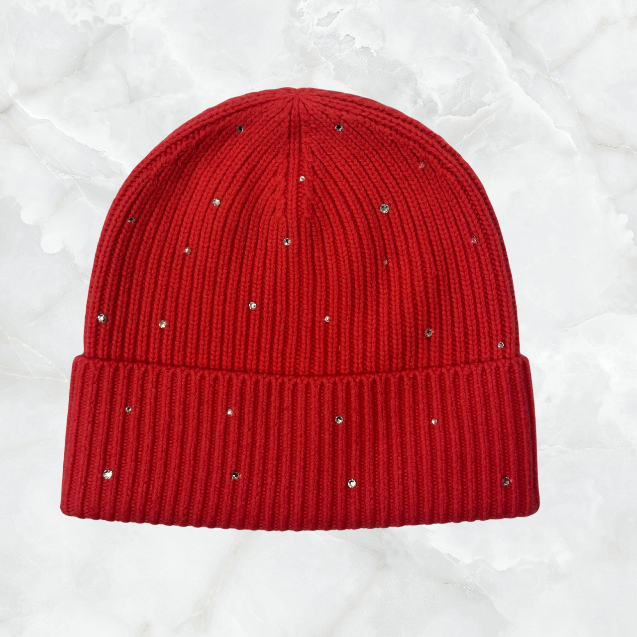 Cashmere Ribbed Cuffed Beanie w. Scattered Crystals