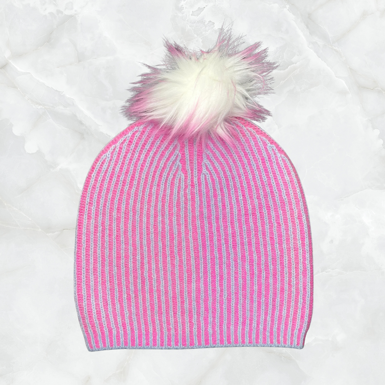 Two Tone Ribbed Beanie w. Pom Pom - Pink