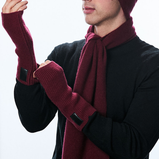 Cashmere Ribbed Unisex Gloves with Leather Tab - Burgundy