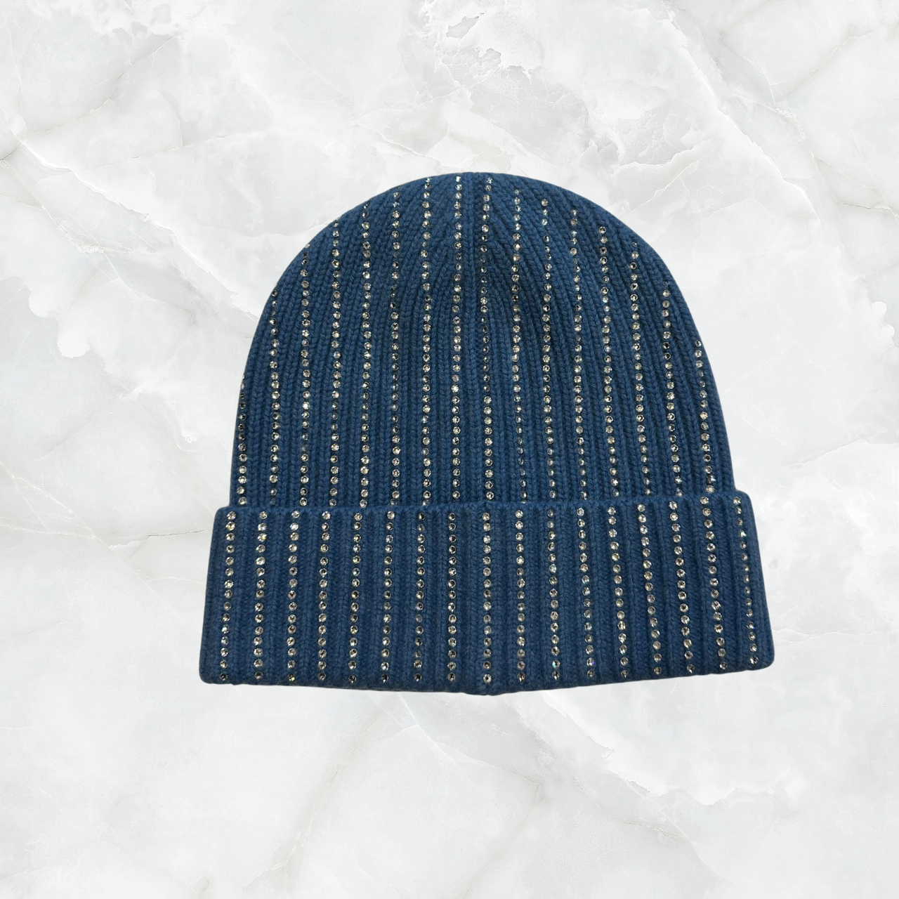Ribbed Cuffed Cashmere Hat with Crystal Stripes