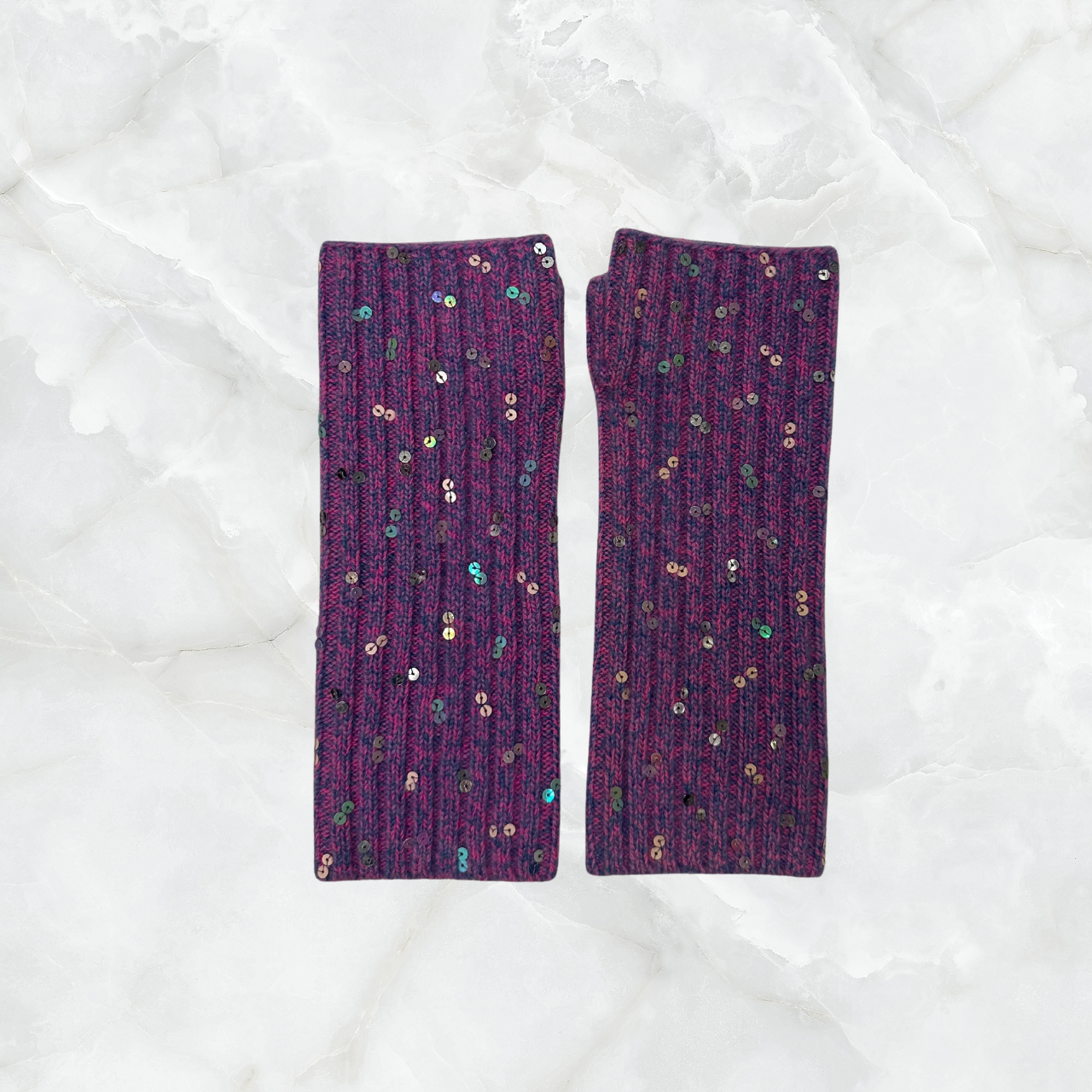 Cashmere Ribbed Short Fingerless Gloves with Scattered Sequins