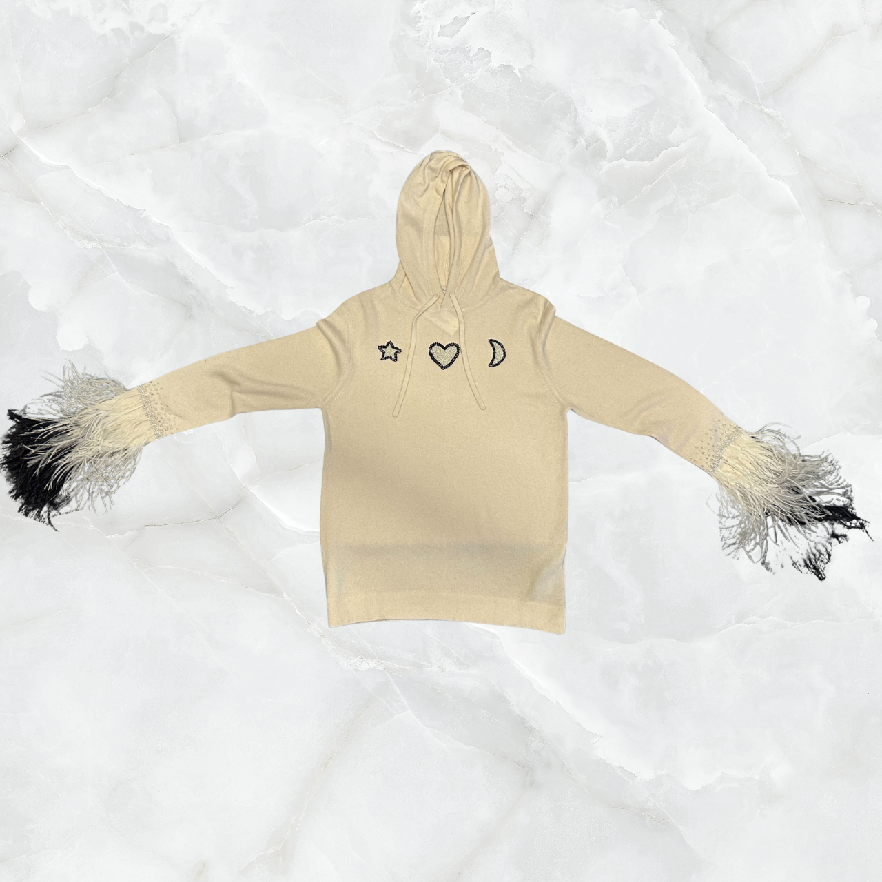 Cashmere Hoodie with Hand Embroidered Feather Cuffs & Heart, Moon, & Star on Chest