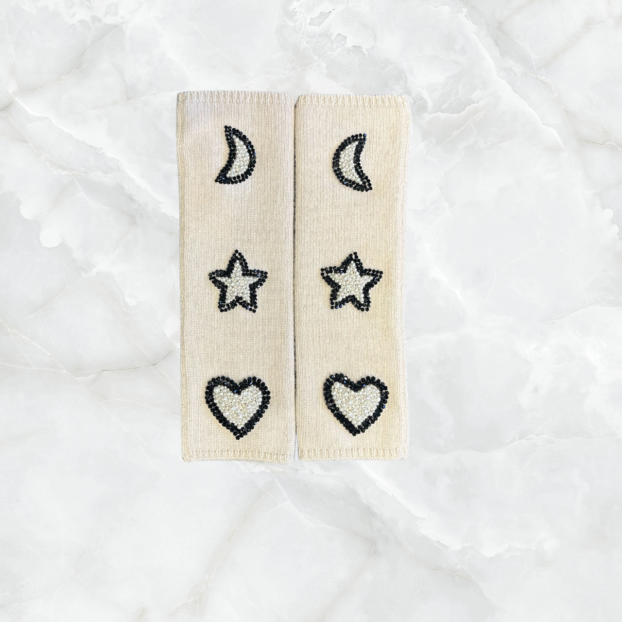 Cashmere Long Fingerless Gloves w. Hand Embroidered Heart, Moon, & Star