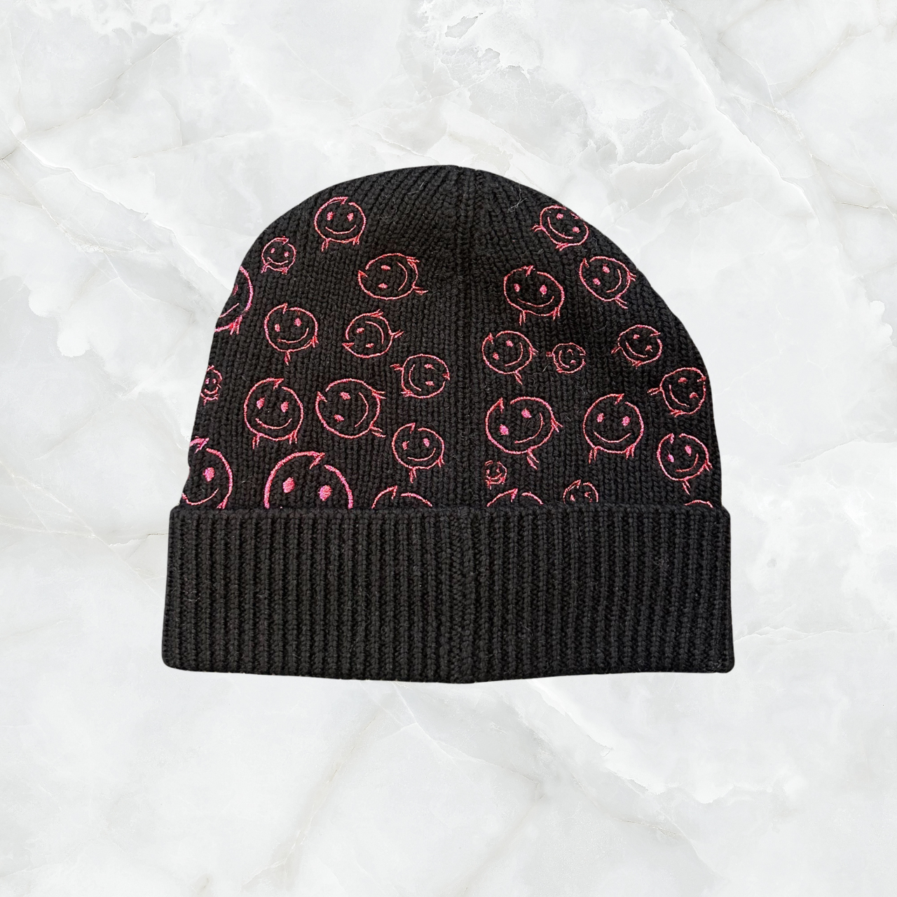 Rib Merino Hat with Embroidered Smiley Faces and Cuffed Edge