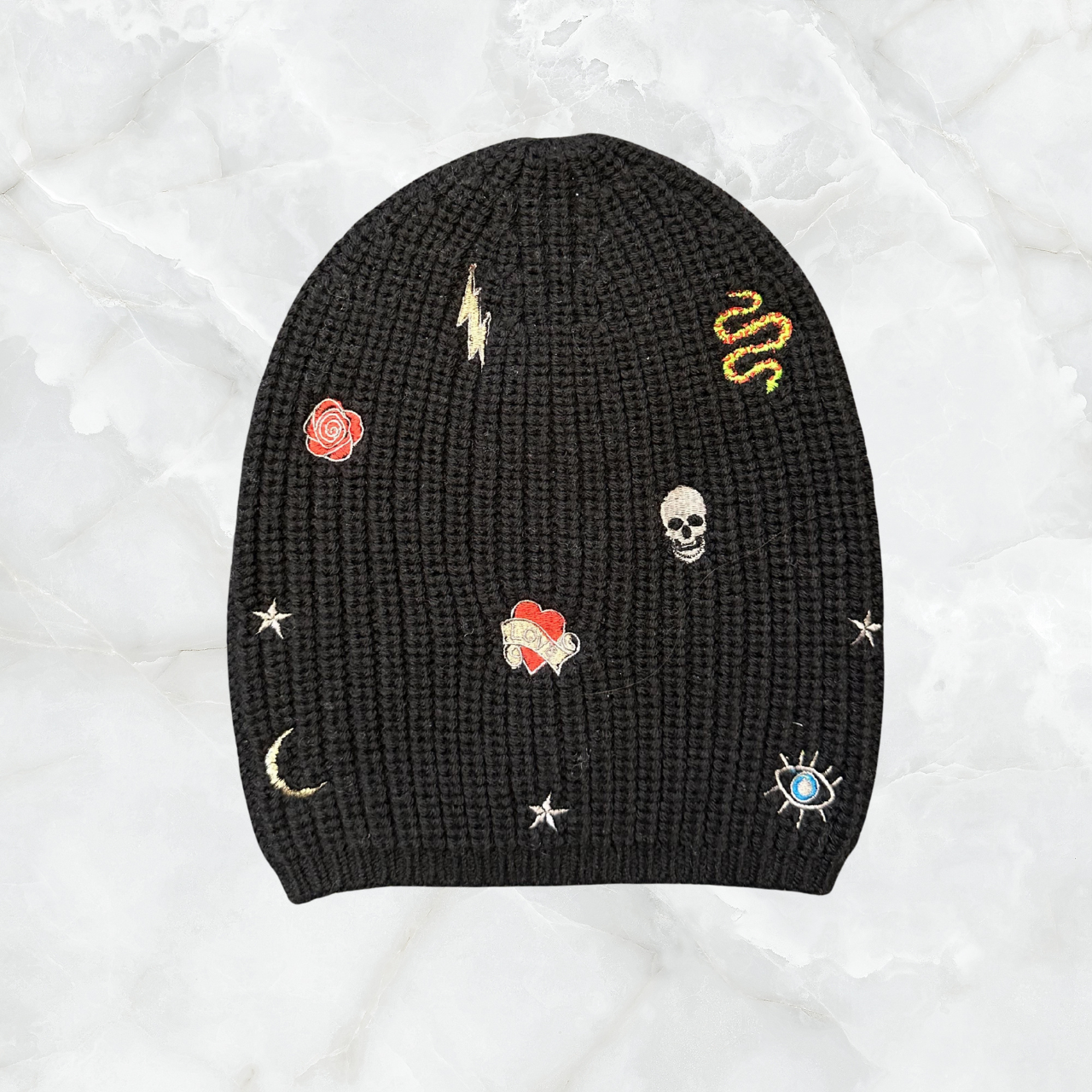 Ribbed Merino Beanie w. Mixed Patches