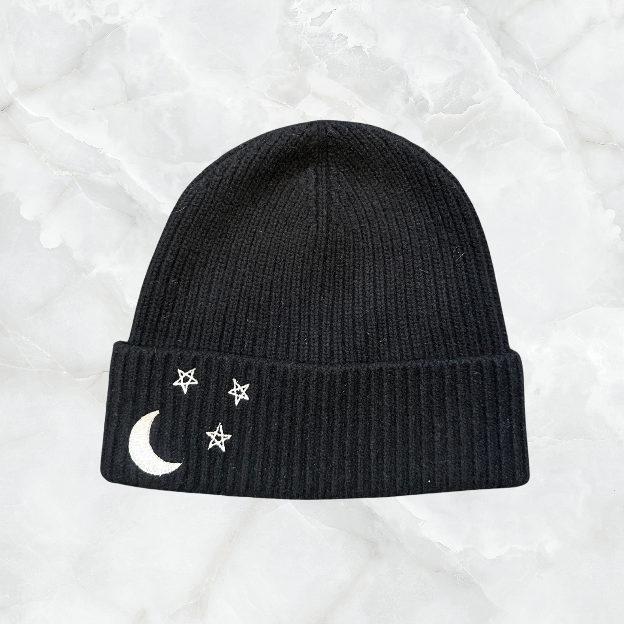 Cashmere Ribbed Cuffed Beanie w. Moon and Stars