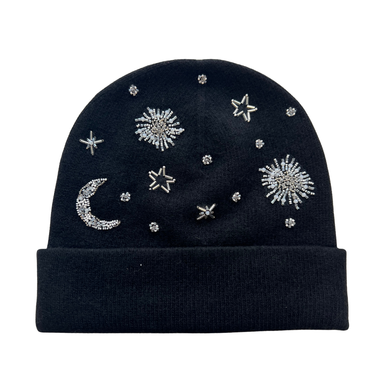 Cashmere Jersey Cuffed Beanie w. Embroidered Moons & Stars - Black
