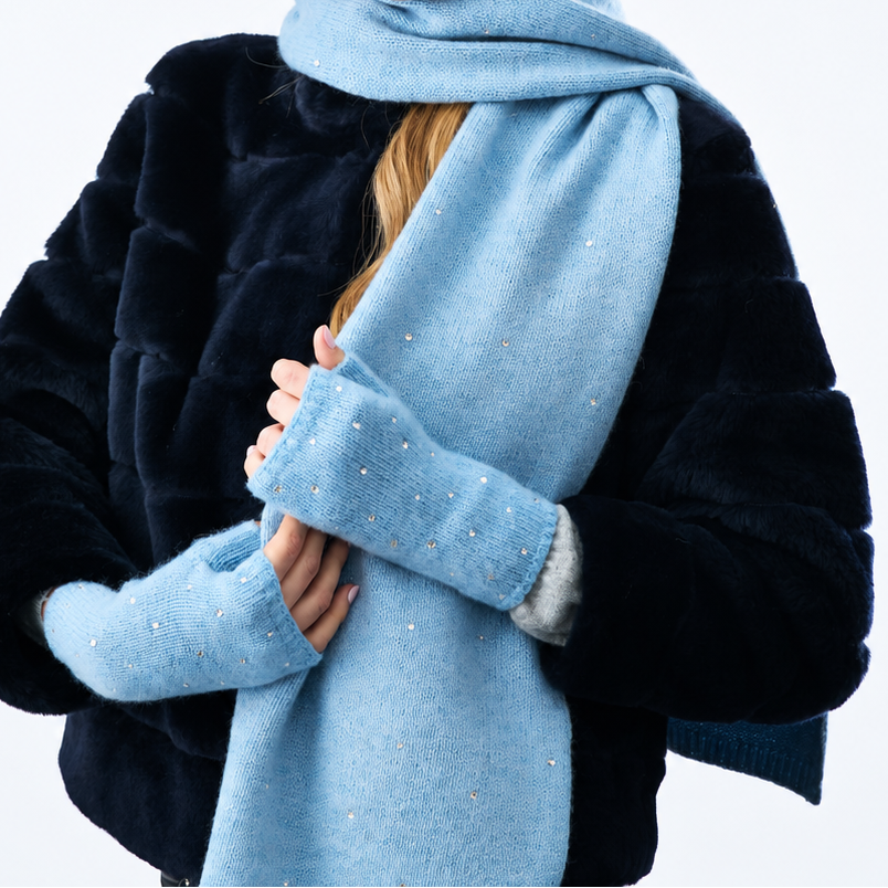 Long Cashmere and Lurex Scarf w. Scattered Crystals- Dew Blue