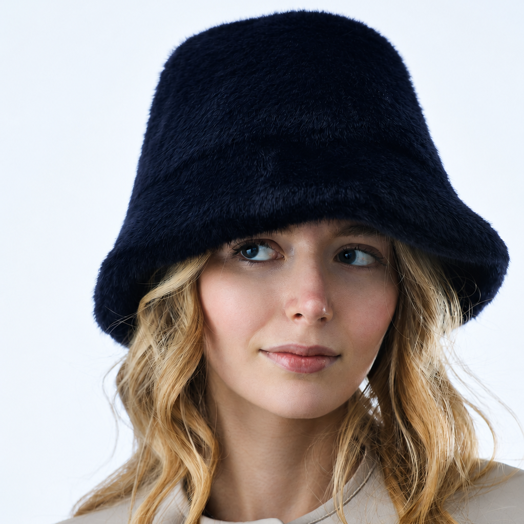 Faux Fur Bucket Hat -Navy