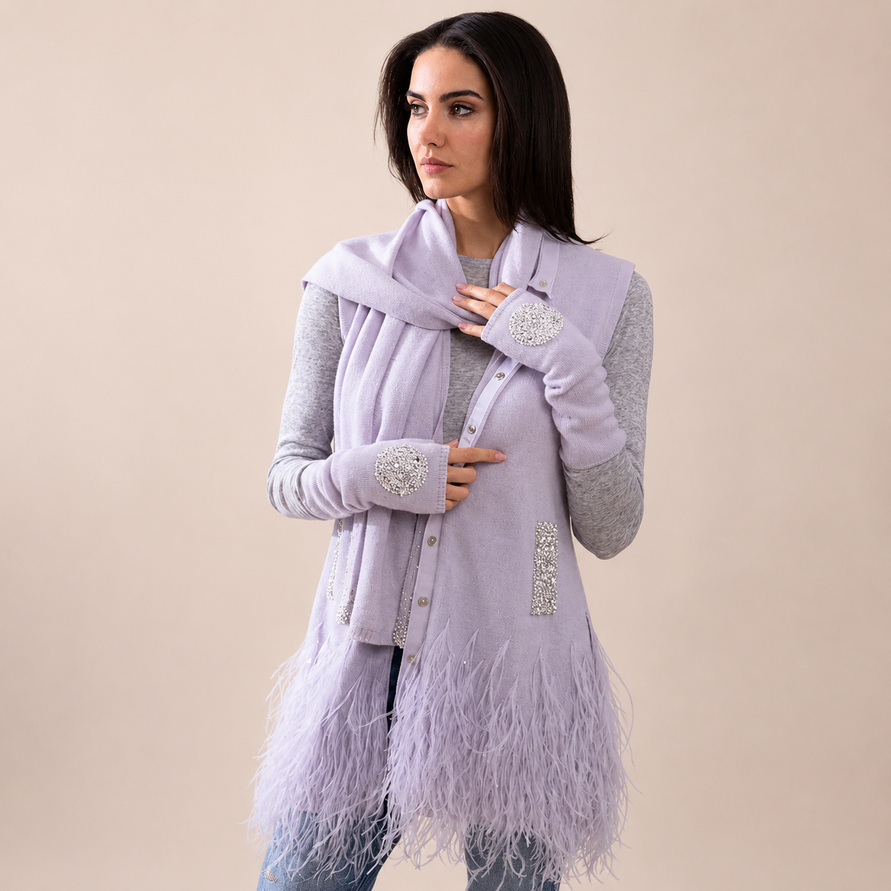 Cashmere Vest w. Embroidered Pockets & Feathers