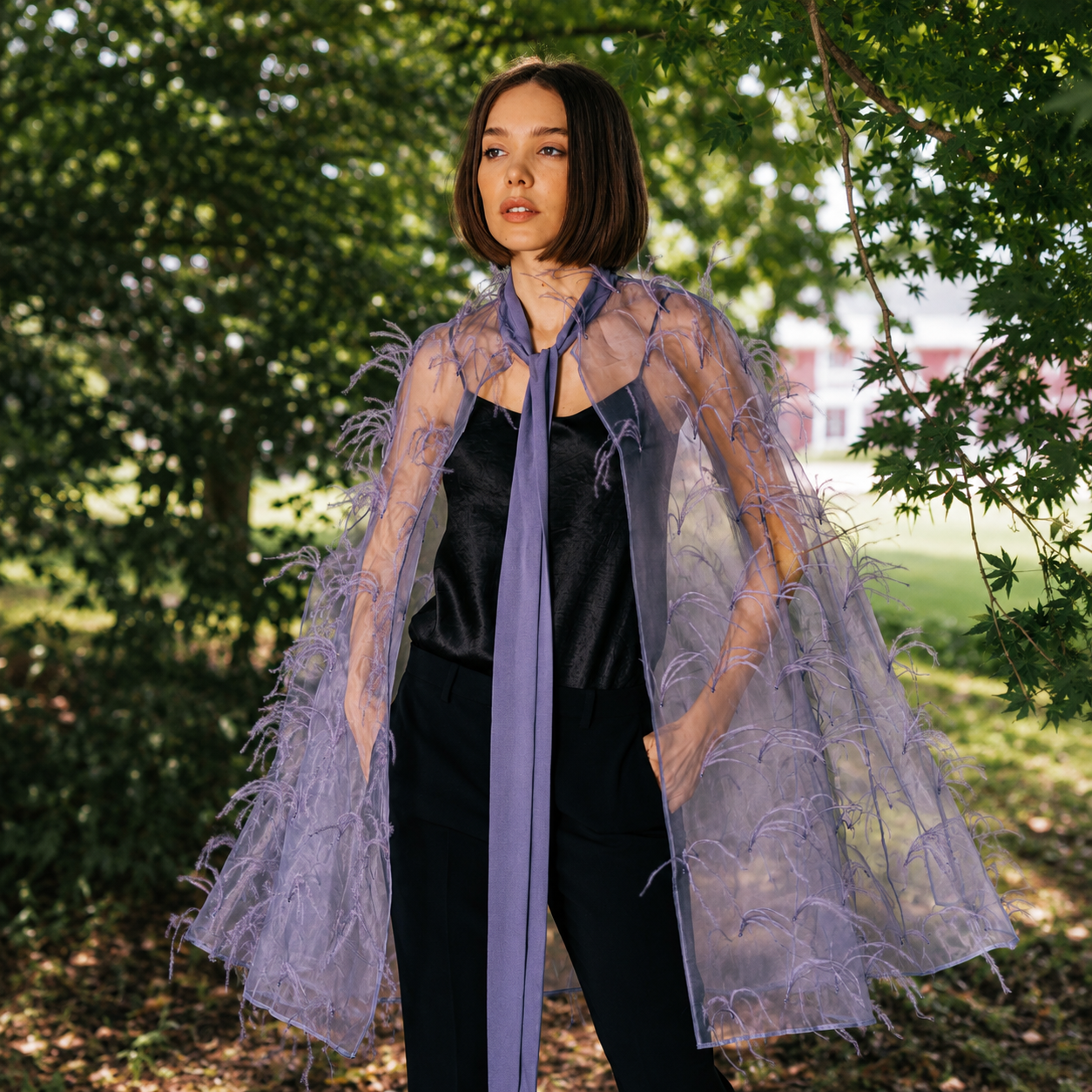 Silk Organza Cape w. Scattered Ostrich Feathers