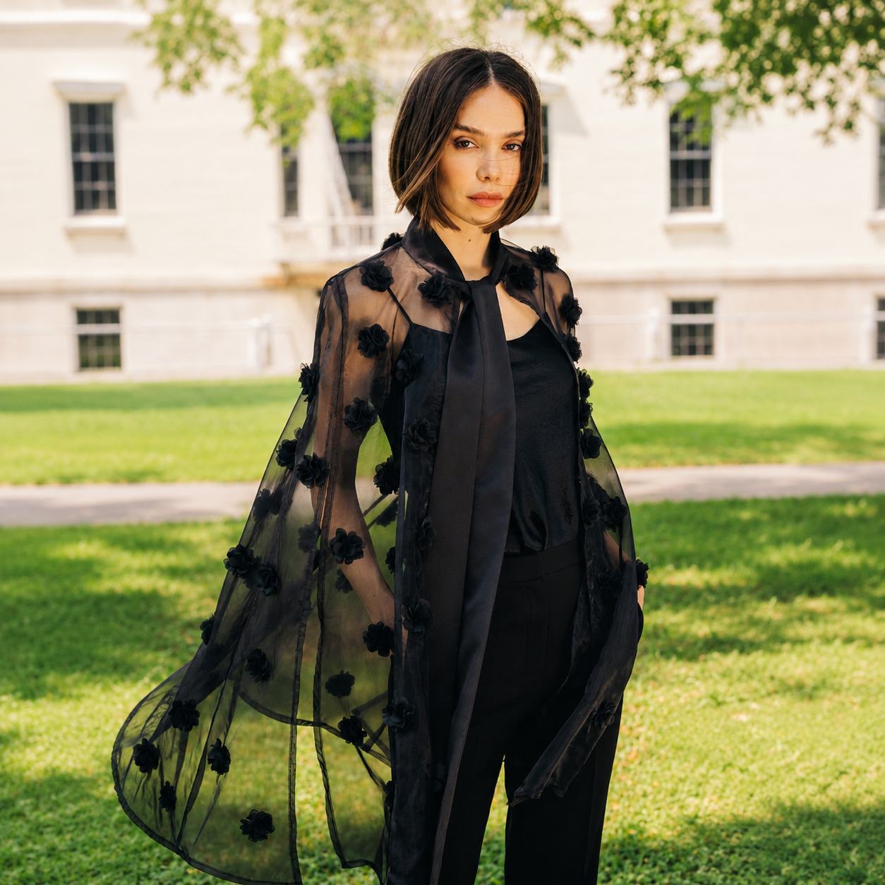 Organza Cape w. Scattered Chiffon Flowers