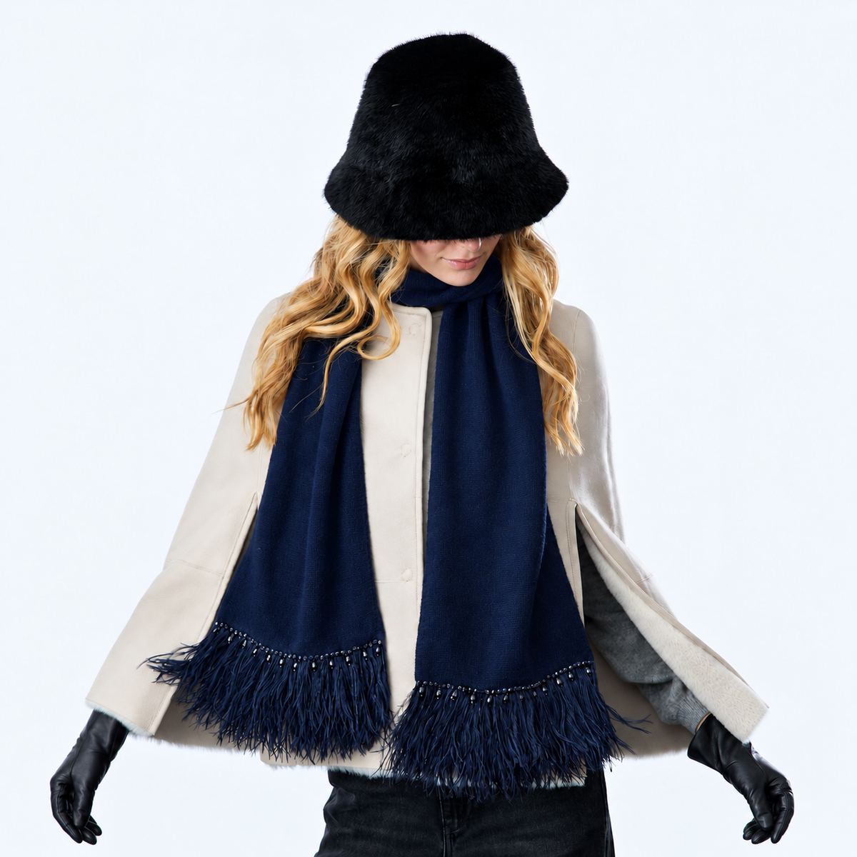 Cashmere Long Scarf w. Ostrich Trim and Pearl Drops- Navy
