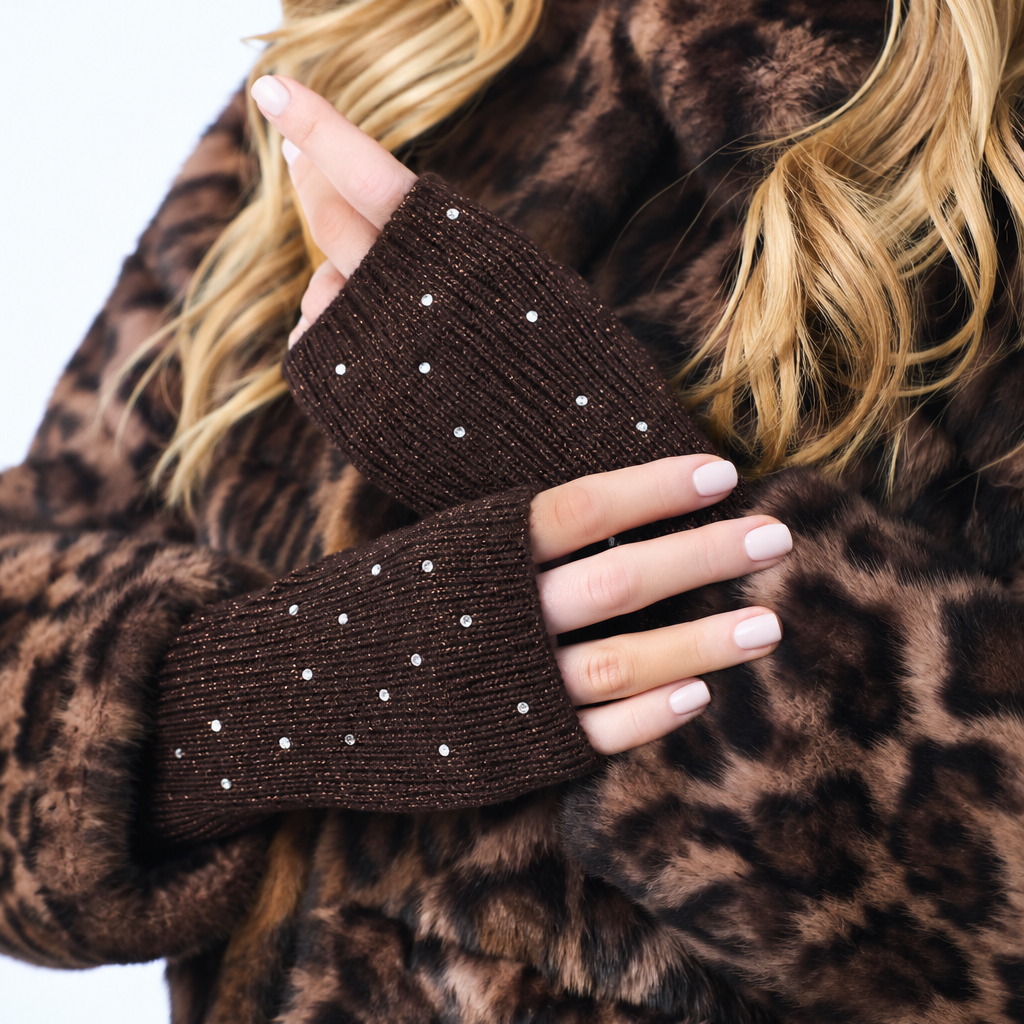 Cashmere and Lurex Short Fingerless Gloves w. Scattered Crystals- Chocolate Brown