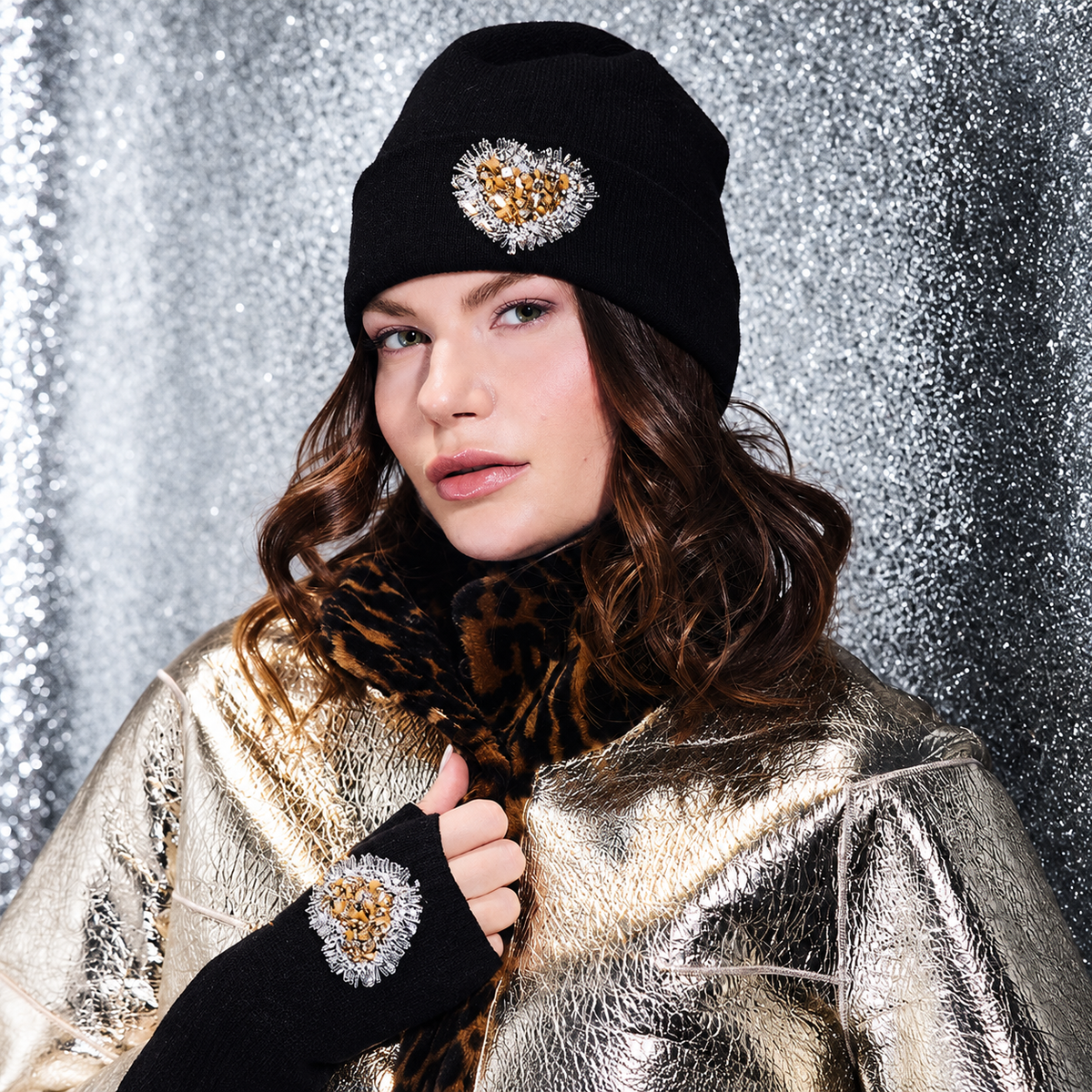Cashmere Jersey Knit Cuffed Beanie w. Hand Embroidered Gold Heart