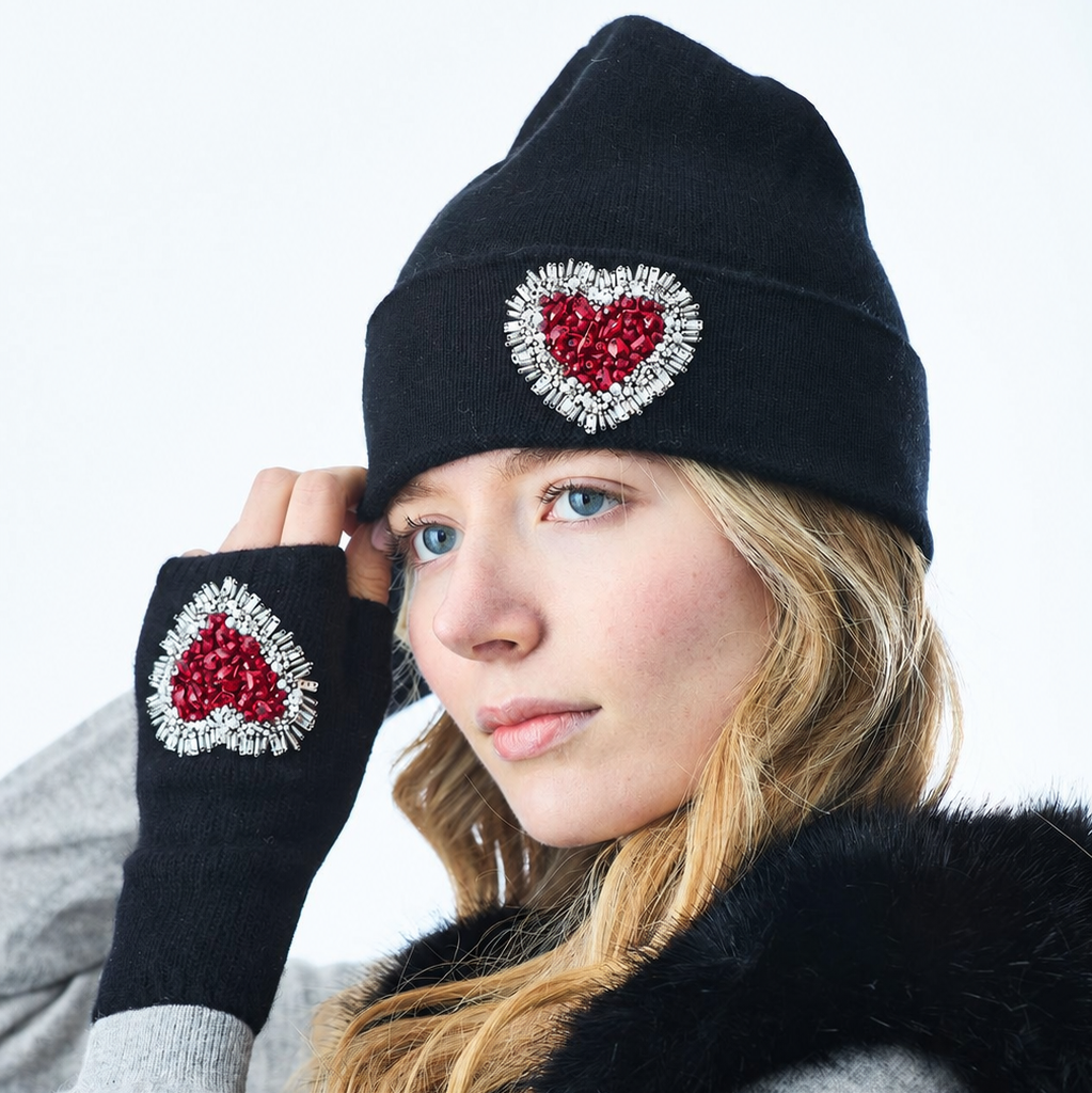 Cashmere Jersey Knit Cuffed Beanie w. Hand Embroidered Red Heart
