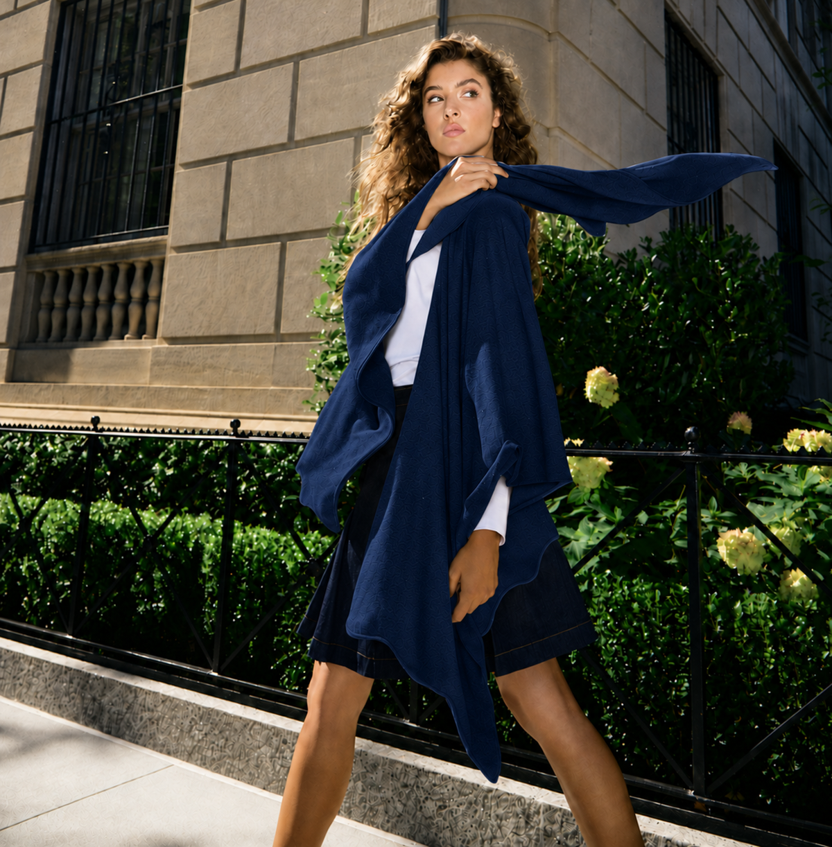 Cashmere Wool Knit Ruana with Scattered Crystals - Navy