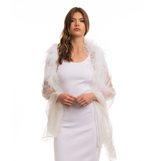 Lurex Pinstriped Silk Chiffon Shawl w. Ostrich Boa - Off White