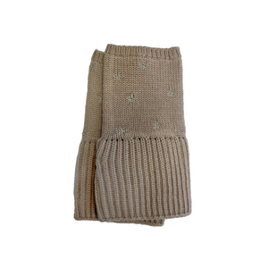 Chunky Short Fingerless Merino Gloves w. Embroidered Stars - Beige