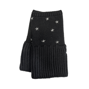 Chunky Short Fingerless Merino Gloves w. Embroidered Stars - Black