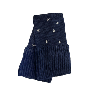 Chunky Short Fingerless Merino Gloves w. Embroidered Stars - Navy